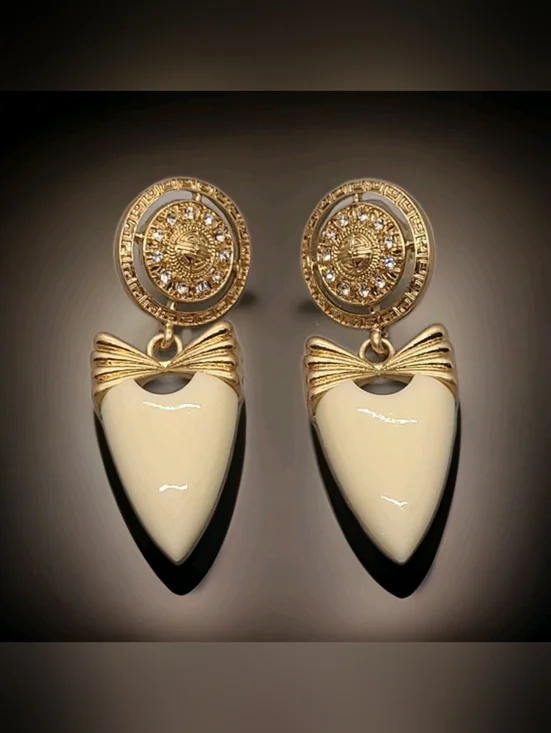 Vintage Estate Givenchy Cream Enamel Crystal Greek Key Bow Gold Earrings - Picture 9 of 16